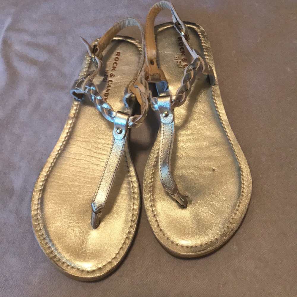 Gold t-strap sandals